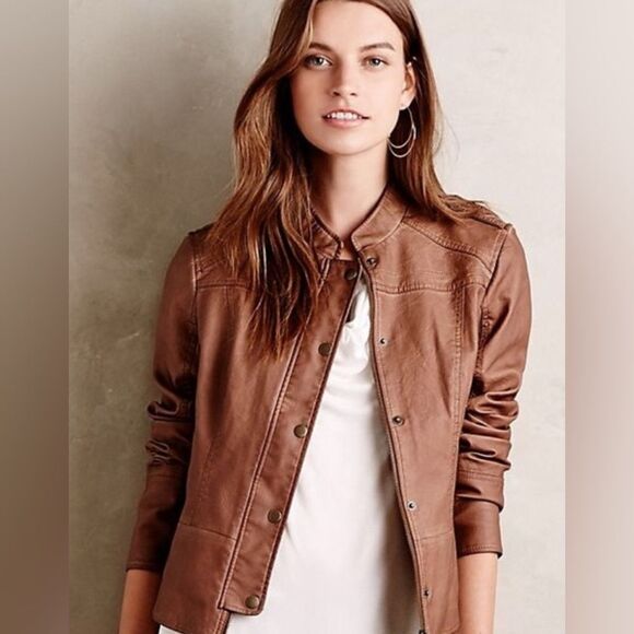 Anthropologie Hei Hei Vegan Leather Moto Cropped Jacket Small Brown - Picture 1 of 14